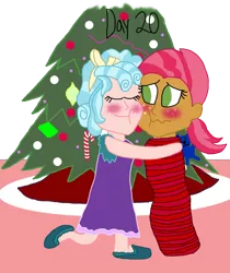 Size: 1280x1527 | Tagged: safe, artist:horroraceman93, derpibooru import, babs seed, cozy glow, equestria girls, babsglow, blushing, christmas, christmas tree, equestria girls-ified, female, gift wrapped, holiday, image, lesbian, mummification, png, present, shipping, simple background, transparent background, tree