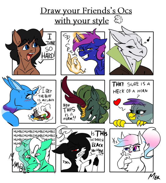 Size: 2659x2931 | Tagged: safe, artist:mekblue, derpibooru import, oc, oc:chris, oc:colarus, oc:firefly, oc:laurel crown, oc:lumis, oc:molokay, oc:wooden soldier, unofficial characters only, cat, deer, dragon, earth pony, gryphon, kirin, pony, reindeer, unicorn, image, kirin oc, meme, png