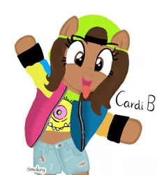 Size: 400x445 | Tagged: safe, artist:smokeyserenity, derpibooru import, ponified, earth pony, pony, cap, cardi b, clothes, female, hat, image, jacket, jpeg, mare, monster, pants, ponified celebrity, shirt, shorts, signature, simple background, tongue out, white background