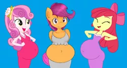 Size: 3340x1796 | Tagged: artist needed, safe, artist:preggoapplebloom, derpibooru import, edit, apple bloom, scootaloo, sweetie belle, anthro, pegasus, equestria girls, equestria girls (movie), 1000 hours in ms paint, belly, blue background, bow, clothes, female, image, png, pregbloom, preggy belle, pregnant, pregnant apple bloom, pregnant edit, pregnant scootaloo, pregnant sweetie belle, simple background