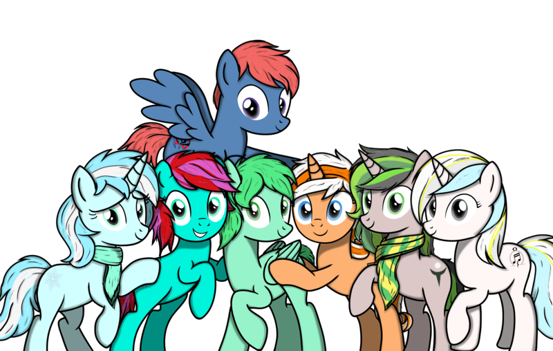 Size: 4096x2600 | Tagged: safe, artist:speedy dashie, derpibooru import, oc, oc:accurate balance, oc:chela, oc:dramatic fancy, oc:freedom melody, oc:fuchsia, oc:illusory frost, oc:liquid heart, oc:star shadow, oc:utopia, unofficial characters only, earth pony, pegasus, pony, unicorn, blue eyes, clothes, derpibooru exclusive, female, gray eyes, green eyes, green skin, group photo, image, looking at you, multicolored hair, png, purple eyes, scarf, simple background, smiling, transparent background