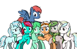 Size: 4096x2600 | Tagged: safe, artist:speedy dashie, derpibooru import, oc, oc:accurate balance, oc:chela, oc:dramatic fancy, oc:freedom melody, oc:fuchsia, oc:illusory frost, oc:liquid heart, oc:star shadow, oc:utopia, unofficial characters only, earth pony, pegasus, pony, unicorn, blue eyes, clothes, derpibooru exclusive, female, gray eyes, green eyes, green skin, group photo, image, looking at you, multicolored hair, png, purple eyes, scarf, simple background, smiling, transparent background