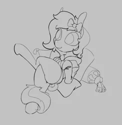 Size: 1630x1668 | Tagged: safe, artist:arzt-korkenzieher, derpibooru import, oc, oc:whinny, unofficial characters only, earth pony, pony, bow, crossed legs, image, monochrome, pillow, png, sitting, sketch, smiling