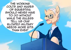 Size: 1400x988 | Tagged: safe, artist:bakki, derpibooru import, ponified, earth pony, pony, bernie sanders, clothes, dialogue, glasses, image, microphone, military, necktie, png, podium, politics, solo, speech bubble, suit