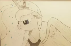 Size: 1909x1220 | Tagged: safe, artist:polar_storm, derpibooru import, princess luna, alicorn, pony, angry, blue eyes, female, frown, image, jpeg, mare, monochrome, neo noir, partial color, simple background, solo, traditional art, white background