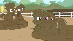 Size: 3840x2160 | Tagged: safe, artist:twilightsparkle0428, derpibooru import, flash sentry, rainbow dash, soarin', twilight sparkle, twilight sparkle (alicorn), alicorn, pegasus, pony, covered in mud, female, fence, flashlight, floppy ears, image, male, mud, mud wrestling, muddy, png, shipping, soarindash, straight, sweet apple acres, wet and messy