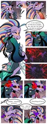 Size: 1500x3900 | Tagged: safe, artist:nancy-05, author:bigonionbean, derpibooru import, oc, oc:empress sacer malum, oc:melicus ostium, changeling, changeling queen, hybrid, pony, siren, unicorn, comic:fusing the fusions, comic:time of the fusions, absorption, barrier, black sclera, comforting, comic, commissioner:bigonionbean, confused, curved horn, dark magic, female, fusion, fusion:empress sacer malum, fusion:melicus ostium, headache, horn, hug, image, jewelry, magic, not an alicorn, png, possession, regalia, sombra eyes, tartarus, water fountain