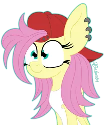 Size: 1211x1452 | Tagged: safe, artist:puperhamster, derpibooru import, fluttershy, pegasus, pony, 90s grunge fluttershy, alternate hairstyle, baseball cap, cap, ear piercing, female, hat, image, mare, piercing, png, simple background, smiling, solo, transparent background