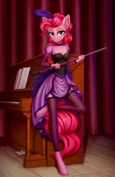 Size: 1502x2313 | Tagged: safe, artist:setharu, derpibooru import, pinkie pie, anthro, earth pony, pony, unguligrade anthro, adorasexy, alternate hairstyle, beautiful, blue eyes, blushing, breasts, busty pinkie pie, choker, cleavage, clothes, collar, curtains, cute, diapinkes, dress, feather, female, fishnets, image, legs, looking at you, mare, musical instrument, piano, pink hair, png, saloon dress, saloon pinkie, sexy, skirt, smiling, socks, solo, stupid sexy pinkie, thigh highs