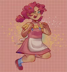 Size: 1551x1671 | Tagged: safe, artist:cinnavee, derpibooru import, pinkie pie, human, abstract background, apron, clothes, dress, female, humanized, image, jpeg, one eye closed, shoes, solo, wink