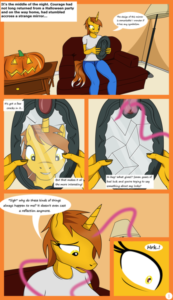 Size: 1500x2600 | Tagged: safe, artist:nitefire, derpibooru import, oc, oc:courage fire, unofficial characters only, anthro, unicorn, comic:the cursed mirror, breasts, clothes, comic, couch, digital art, female, halloween, holiday, horn, image, jack-o-lantern, magic, mirror, pants, png, pumpkin, shirt, shrunken pupils, sitting, solo, speech bubble, tail, text