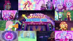 Size: 1974x1111 | Tagged: safe, derpibooru import, edit, edited screencap, editor:quoterific, screencap, adagio dazzle, applejack, aria blaze, fluttershy, kiwi lollipop, pinkie pie, rainbow dash, sci-twi, sonata dusk, sunset shimmer, supernova zap, twilight sparkle, human, equestria girls, equestria girls series, sunset's backstage pass!, spoiler:eqg series (season 2), angry, applejack's hat, cowboy hat, duo, duo female, eyes closed, female, hat, image, k-lo, open mouth, png, postcrush, spit take, su-z, the dazzlings, time twirler, trio, trio female