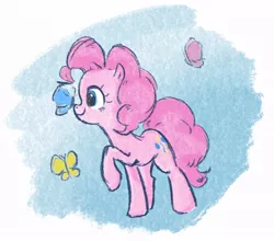 Size: 918x808 | Tagged: safe, artist:laya-21, derpibooru import, pinkie pie, butterfly, earth pony, insect, pony, butterfly on nose, image, insect on nose, jpeg, one hoof raised, solo