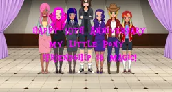 Size: 1366x727 | Tagged: safe, artist:twilightcloversuper8, derpibooru import, applejack, fluttershy, pinkie pie, rainbow dash, rarity, twilight sparkle, oc, human, alter ego, anniversary, boots, canon x oc, clothes, converse, cowboy hat, daisy dukes, happy birthday mlp:fim, hat, height difference, high heel boots, high heels, human coloration, humanized, hybrid oc, image, kisekae, legs, mane six, mlp fim's tenth anniversary, my little pony, pantyhose, pencil skirt, png, shoes, shorts, sneakers, stetson, suspenders