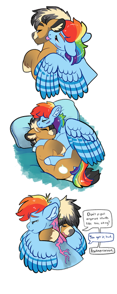 Size: 1200x3000 | Tagged: safe, artist:loryska, derpibooru import, quibble pants, rainbow dash, pony, cuddling, ear fluff, female, hug, image, implied oc, licking, male, png, pregnant, quibbledash, scar, shipping, simple background, sleeping, straight, tongue out, white background, winghug, wings