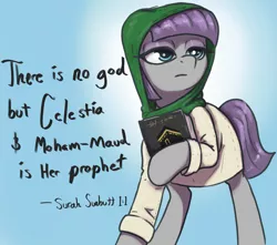 Size: 2025x1790 | Tagged: safe, artist:t72b, derpibooru import, maud pie, earth pony, pony, book, clothes, halo, headscarf, heresy, horse puns, image, implied princess celestia, islam, literal heresy, muhammad, png, pun, religion, scarf, shitposting, solo, text, wat