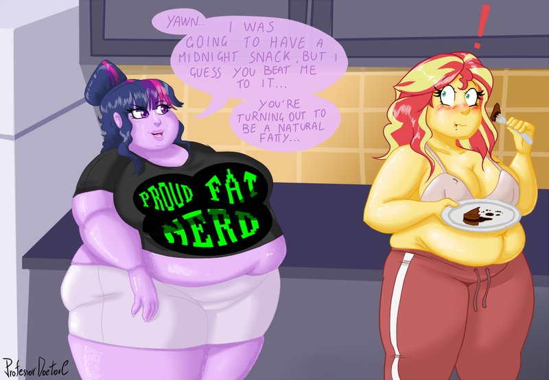 Size: 1024x709 | Tagged: suggestive, artist:professordoctorc, derpibooru import, sci-twi, sunset shimmer, twilight sparkle, equestria girls, bbw, bra, breasts, busty sunset shimmer, cake, clothes, dialogue, eating, fat, feedee, female, food, fork, image, lesbian, morbidly obese, obese, plate, png, proud fat bitch, sci-twilard, scitwishimmer, shipping, shirt, slobset shimmer, sunsetsparkle, twilard sparkle, underwear