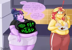 Size: 1024x709 | Tagged: suggestive, artist:professordoctorc, derpibooru import, sci-twi, sunset shimmer, twilight sparkle, equestria girls, bbw, bra, breasts, busty sunset shimmer, cake, clothes, dialogue, eating, fat, feedee, female, food, fork, image, lesbian, morbidly obese, obese, plate, png, proud fat bitch, sci-twilard, scitwishimmer, shipping, shirt, slobset shimmer, sunsetsparkle, twilard sparkle, underwear
