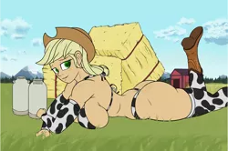 Size: 5613x3728 | Tagged: suggestive, artist:thehuskylord, derpibooru import, applejack, equestria girls, applebucking thighs, applejack's hat, ass, bedroom eyes, big breasts, bikini, boot, boots, breasts, busty applejack, butt, clothes, cloud, cow girl, cowboy boots, cowboy hat, cowkini, cowprint, farm, female, grass, hat, hay, hay bale, huge butt, image, large butt, looking at you, lying down, milk jug, png, ponytail, prone, shoes, smiling, smiling at you, socks, solo, solo female, stockings, string bikini, stupid sexy applejack, swimsuit, thicc ass, thigh highs, tree, wheat field, wide hips