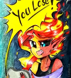 Size: 855x935 | Tagged: safe, artist:liaaqila, derpibooru import, sunset shimmer, equestria girls, commission, controller, fiery shimmer, fire hair, gamer sunset, image, jpeg, rageset shimmer, sunset satan, that pony sure have anger issues, traditional art, transformation, video game