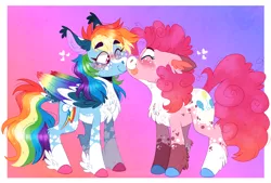 Size: 1986x1344 | Tagged: safe, artist:wanderingpegasus, derpibooru import, pinkie pie, rainbow dash, earth pony, pegasus, pony, :p, alternate hairstyle, blaze (coat marking), blushing, chest fluff, colored wings, ear fluff, female, freckles, heart, image, leg fluff, lesbian, mare, markings, multicolored wings, one eye closed, pale belly, pinkiedash, png, rainbow wings, redesign, shipping, socks (coat marking), tongue out, unshorn fetlocks, wings, wink