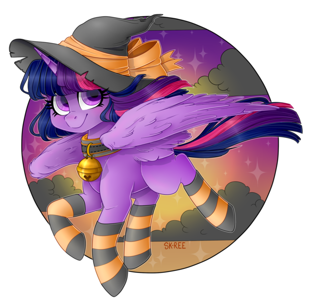 Size: 1920x1865 | Tagged: safe, artist:sk-ree, derpibooru import, twilight sparkle, twilight sparkle (alicorn), alicorn, pony, bell, bell collar, clothes, collar, halloween, hat, holiday, image, png, simple background, socks, solo, striped socks, transparent background, witch hat