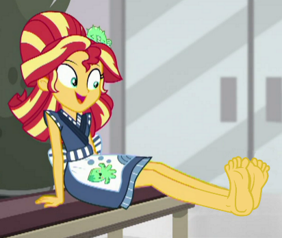 Size: 412x347 | Tagged: safe, derpibooru import, edit, edited screencap, editor:grapefruitface, screencap, sunset shimmer, eqg summertime shorts, equestria girls, good vibes, barefoot, feet, female, fetish, foot fetish, image, png, sitting, sunset sushi