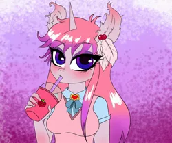 Size: 2000x1670 | Tagged: safe, artist:cali luminos, derpibooru import, oc, unofficial characters only, anthro, unicorn, abstract background, bust, drinking, eyelashes, horn, image, jpeg, solo, unicorn oc