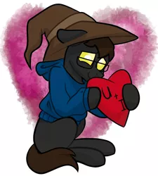 Size: 900x1000 | Tagged: safe, artist:cadetredshirt, derpibooru import, oc, oc:belmont waltz, unofficial characters only, changeling, pony, brown hair, clothes, commission, digital background, floppy ears, glasses, hat, heart, holiday, hoodie, image, jpeg, looking offscreen, oversized hat, shy, simple background, sitting, smiling, solo, sweater, valentine, valentine's day, valentine's day card, ych result, yellow changeling, yellow eyes, your character here