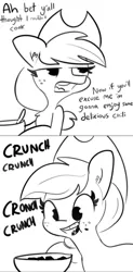 Size: 1461x2971 | Tagged: safe, artist:tjpones, derpibooru import, edit, applejack, earth pony, pony, applejack can't cook, applejack's hat, bowl, burnt, chili, cooking, cowboy hat, crunch, eating, female, hat, image, jpeg, mare, silly, silly pony, solo, stetson, talking, this will end in food poisoning, this will end in the hospital, too dumb to live, who's a silly pony, y'all