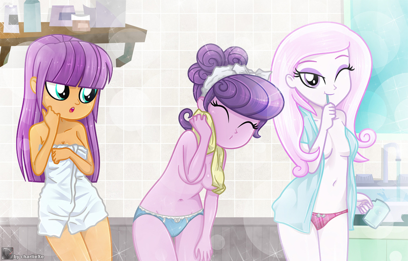 Size: 1111x709 | Tagged: suggestive, artist:charliexe, derpibooru import, fleur-de-lis, ginger owlseye, suri polomare, equestria girls, adorasexy, bathroom, bedroom eyes, belly button, blue panties, breasts, brushing teeth, cleavage, clothes, cute, eyes closed, female, image, jpeg, looking at you, miss fleur is trying to seduce us, one eye closed, open clothes, open shirt, owlabetes, panties, partial nudity, sexy, strategically covered, suribetes, topless, towel, trio, trio female, underwear, wink