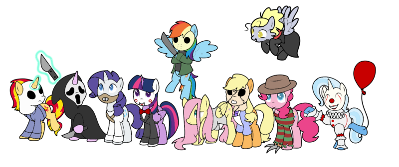 Size: 1417x596 | Tagged: safe, artist:icey-wicey-1517, artist:kb-gamerartist, color edit, derpibooru import, edit, applejack, derpy hooves, fluttershy, pinkie pie, rainbow dash, rarity, starlight glimmer, sunset shimmer, trixie, twilight sparkle, twilight sparkle (alicorn), alicorn, earth pony, ghost, pegasus, pony, undead, unicorn, alternate hairstyle, apron, balloon, billy, bondage, bowtie, claw, cloak, clothes, clown, clown nose, collaboration, colored, cosplay, costume, crossover, eyes closed, face paint, fedora, flying, freddy krueger, friday the 13th, gag, ghostface, gloowing horn, gloves, grin, halloween, halloween (movie), hannibal lecter, hat, hockey mask, holiday, hoof hold, image, it, jacket, jason voorhees, jigsaw, jumpsuit, knife, leatherface, levitation, machete, magic, mane six, mask, michael morones, michael myers, mrs lovett, muzzle, muzzle gag, necktie, nightmare on elm street, open mouth, pennywise, png, raised hoof, raised leg, ress, sadako, sadako yamamura, samara, samara morgan, saw (movie), scream (movie), screaming, shirt, silence of the lambs, simple background, skirt, smiling, socks, stockings, straitjacket, striped sweater, suit, sweater, sweeney todd, t-shirt, tanktop, telekinesis, the ring, the texas chainsaw massacre, thigh highs, torn clothes, transparent background, wall of tags