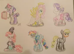 Size: 2845x2108 | Tagged: safe, artist:prinrue, derpibooru import, applejack, fluttershy, pinkie pie, rainbow dash, rarity, twilight sparkle, twilight sparkle (alicorn), alicorn, earth pony, pegasus, pony, unicorn, angel, ballerina, bone, clothes, costume, female, image, jpeg, mane six, mare, nightmare night, pirate, skeleton, traditional art, witch