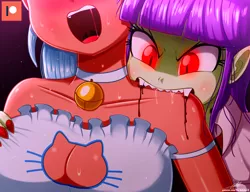 Size: 1470x1130 | Tagged: semi-grimdark, suggestive, artist:the-butch-x, derpibooru import, part of a set, frosty orange, starlight, vampire, series:butch's night stalkers, equestria girls, bell, biting, blood, blushing, boob window, bra, breasts, busty frosty orange, butch's shadow cat lingerie, cat bell, cat keyhole bra set, cat lingerie, cleavage, clothes, eating, faceless female, fangs, feeding, female, image, lingerie, offscreen character, open mouth, png, tongue out, underwear