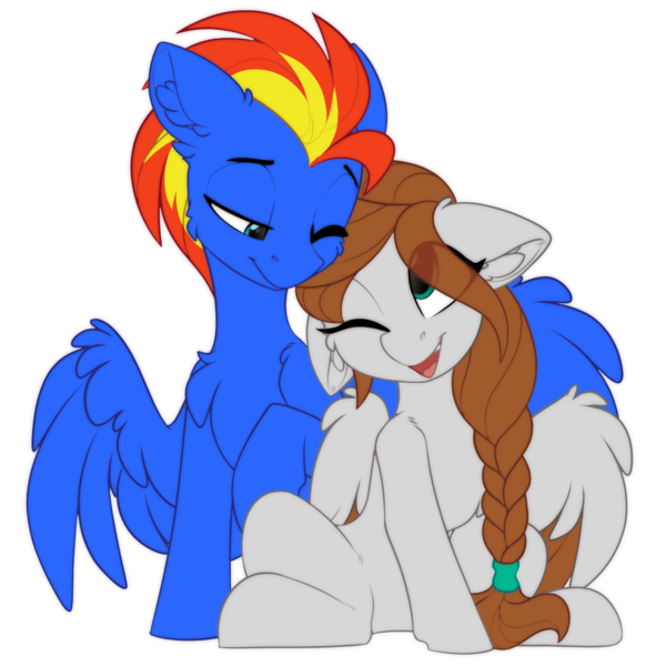 Size: 1317x1317 | Tagged: safe, artist:airfly-pony, derpibooru import, oc, oc:scarlett drop, oc:wing hurricane, unofficial characters only, pegasus, pony, derpibooru community collaboration, 2021 community collab, female, image, looking at each other, male, mare, oc x oc, png, scarricane, shipping, simple background, stallion, straight, transparent background