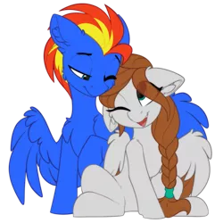 Size: 1317x1317 | Tagged: safe, artist:airfly-pony, derpibooru import, oc, oc:scarlett drop, oc:wing hurricane, unofficial characters only, pegasus, pony, derpibooru community collaboration, 2021 community collab, female, image, looking at each other, male, mare, oc x oc, png, scarricane, shipping, simple background, stallion, straight, transparent background