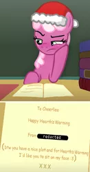 Size: 576x1097 | Tagged: suggestive, artist:grapefruitface1, derpibooru import, cheerilee, angry, base used, blushing, cheerilee is unamused, cheerilee's blackboard, christmas card, hearth's warming, image, implied facesitting, meme, png, solo, triggered