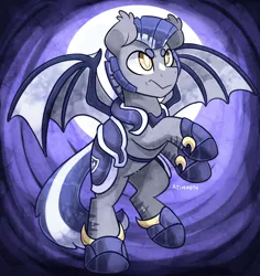 Size: 850x900 | Tagged: safe, artist:azimooth, derpibooru import, oc, oc:icarus the lunar guard, unofficial characters only, bat pony, pony, angry, armor, bat wings, clean, colored pupils, commission, ear fluff, game, hoof shoes, image, lords of ponykeep, lunar guard armour, male, moon, night guard, night guard armor, png, rearing, sideburns, solo, spread wings, stallion, two toned mane, two toned tail, two toned wings, wings
