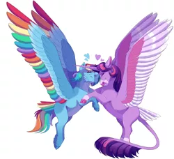 Size: 2300x2100 | Tagged: safe, artist:uunicornicc, derpibooru import, rainbow dash, twilight sparkle, twilight sparkle (alicorn), alicorn, pony, cloven hooves, colored wings, feathered fetlocks, female, hug, image, leonine tail, lesbian, missing cutie mark, multicolored wings, png, rainbow wings, redesign, shipping, simple background, tail feathers, twidash, white background, wings