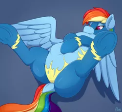 Size: 2200x2008 | Tagged: suggestive, artist:ailoy4, derpibooru import, rainbow dash, pegasus, pony, belly, big belly, chubby, chubby dash, clothes, derpibooru exclusive, dock, featureless crotch, high res, image, lying down, on back, png, raised hoof, raised leg, spread legs, spreading, torn clothes, underhoof, uniform, wonderbolts uniform