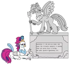 Size: 2701x2417 | Tagged: safe, artist:supahdonarudo, derpibooru import, queen novo, oc, oc:king waverider, classical hippogriff, hippogriff, my little pony: the movie, crying, holding, image, lying down, memorial, mourning, png, prone, sad, simple background, statue, teary eyes, text, transparent background, trident
