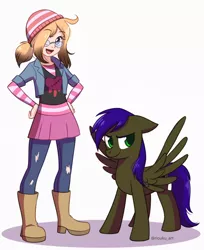 Size: 736x900 | Tagged: safe, artist:riouku, derpibooru import, oc, oc:hunter, oc:karen, human, pegasus, pony, beanie, boots, clothes, female, glasses, hat, image, jacket, jeans, pants, png, purple mane, shoes, simple background, skirt, striped sweater, sweater, white background