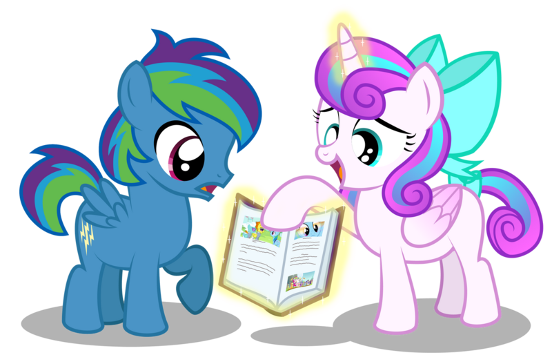 Size: 1280x843 | Tagged: safe, artist:aleximusprime, derpibooru import, screencap, princess flurry heart, oc, oc:storm streak, alicorn, pegasus, pony, flurry heart's story, book, bow, calming of the storm, colt, female, filly, image, journal of friendship, magic, male, offspring, parent:oc:thunderhead, parent:rainbow dash, parent:thunderlane, parents:canon x oc, parents:thunderdash, png