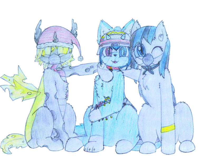 Size: 2196x1696 | Tagged: safe, artist:fliegerfausttop47, derpibooru import, edit, king sombra, nurse redheart, princess celestia, oc, unofficial characters only, bat pony, cat, cat pony, changeling, hybrid, original species, arm fluff, asexual, asexual pride flag, asexuality, bandana, bat pony oc, bat wings, blind eye, bracelet, cat ears, central heterochromia, changeling oc, cheek fluff, chest fluff, christmas, claws, clothes, colored pencil drawing, coronavirus, covid-19, cute, cute little fangs, derpibooru exclusive, ear fluff, face mask, fangs, female, femboy, fluffy, fluffy changeling, happy, hat, helmet, heterochromia, holiday, holster, hug, image, jewelry, leg fluff, looking at you, male, mask, ocbetes, paws, pet tag, pet tags, plushie, png, pride, pride flag, santa hat, scarf, shoulder fluff, simple background, sitting, smiling, sniper, tail, tongue out, toy, traditional art, transparent background, venezuela, visor, wall of tags, wings, yellow changeling, yellow eyes