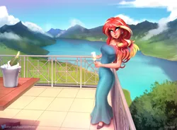 Size: 1834x1348 | Tagged: safe, alternate version, artist:sugarlesspaints, derpibooru import, sunset shimmer, human, equestria girls, alcohol, balcony, bottle, breasts, busty sunset shimmer, champagne, champagne bucket, champagne glass, champagne on ice, clothes, dress, ear piercing, earring, evening gown, human coloration, image, jewelry, lake, looking at you, mountain, mountain range, piercing, png, ring, scenery, smiling, solo, table, teal dress, wine