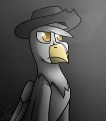 Size: 1750x2000 | Tagged: safe, artist:somber, derpibooru import, oc, oc:gunny, unofficial characters only, gryphon, bust, hat, image, male, png, portrait, solo