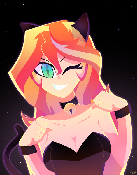 Size: 2448x3126 | Tagged: safe, artist:xan-gelx, derpibooru import, sunset shimmer, cat, equestria girls, bare shoulders, breasts, busty sunset shimmer, cat ears, catgirl, cleavage, clothes, digital art, female, high res, image, jpeg, one eye closed, sexy, shoulderless, sleeveless, slit eyes, smiling, solo, strapless, wink