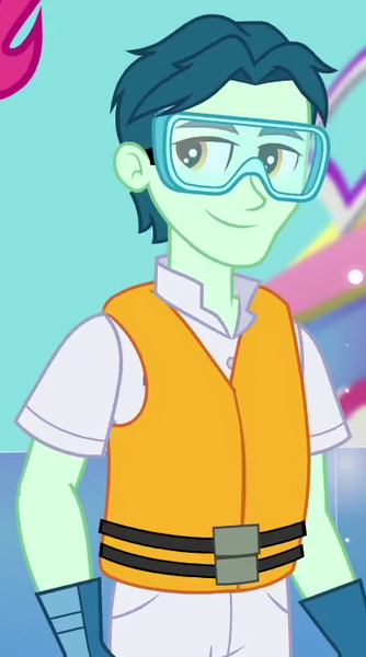 Size: 390x700 | Tagged: safe, derpibooru import, screencap, equestria girls, equestria girls series, spring breakdown, spoiler:eqg series (season 2), beau tide, cropped, cruise ship staff, goggles, image, lifejacket, male, png, safety goggles, smiling