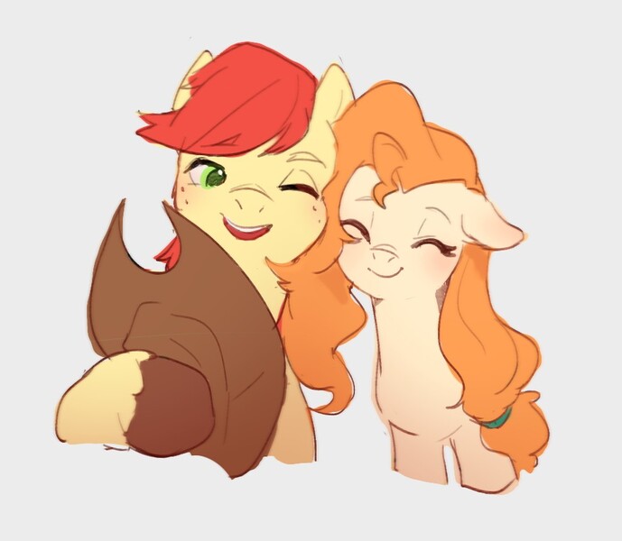 Size: 973x847 | Tagged: safe, artist:luciferamon, derpibooru import, bright mac, pear butter, earth pony, pony, blushing, brightbutter, clothes, cowboy hat, cute, daaaaaaaaaaaw, eyes closed, female, freckles, hat, image, jpeg, male, mare, one eye closed, pearabetes, scarf, shipping, simple background, stallion, stetson, straight