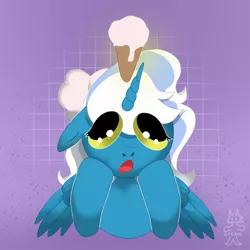 Size: 2048x2048 | Tagged: safe, artist:arcticanimoto, derpibooru import, oc, oc:fleurbelle, alicorn, pony, alicorn oc, big eyes, bow, drool, female, food, hair bow, horn, ice cream, ice cream cone, image, jpeg, mare, wingding eyes, wings